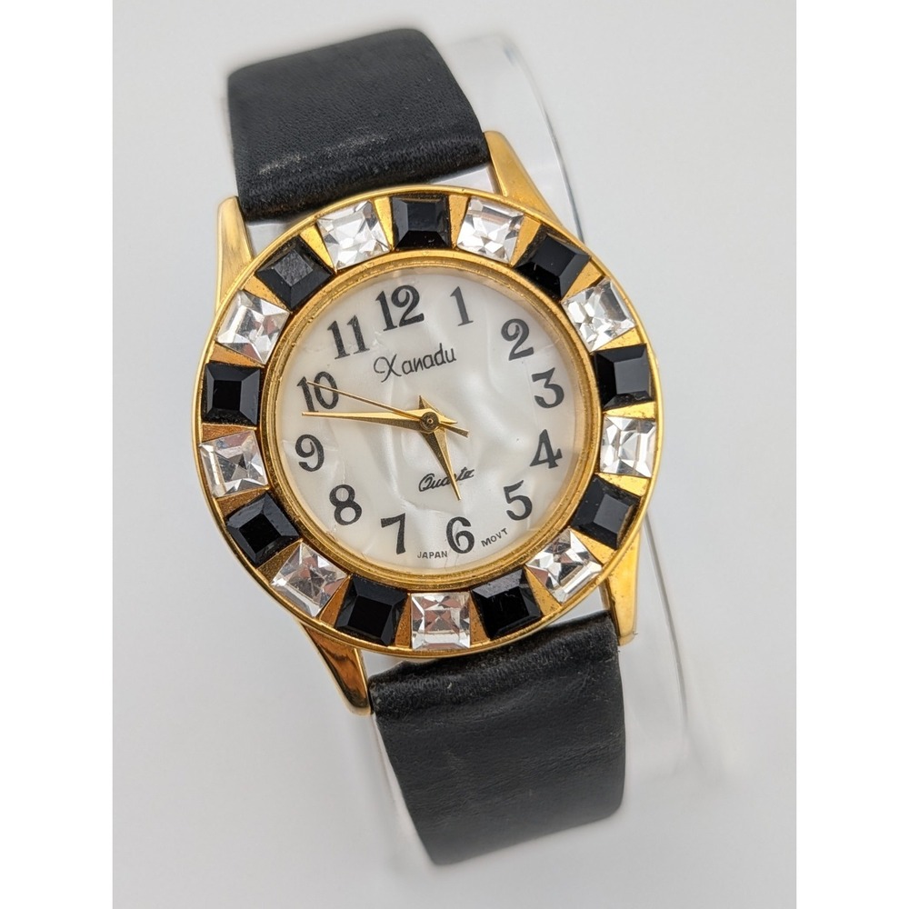 Vintage Xanadu Women's Watch 33mm Gold Case Crystal Bezel Black Band New Battery